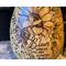 This is a close-up of the sunflower artwork on the front of a gourd vase. The artwork is drawn with pyrography tools or wood-burning pens. 